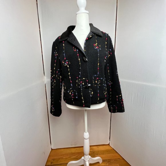 Tsunami Esq Black Wool Blend Embroidered Cropped Jacket Blazer Sz M Art-to-Wear - Picture 2 of 16